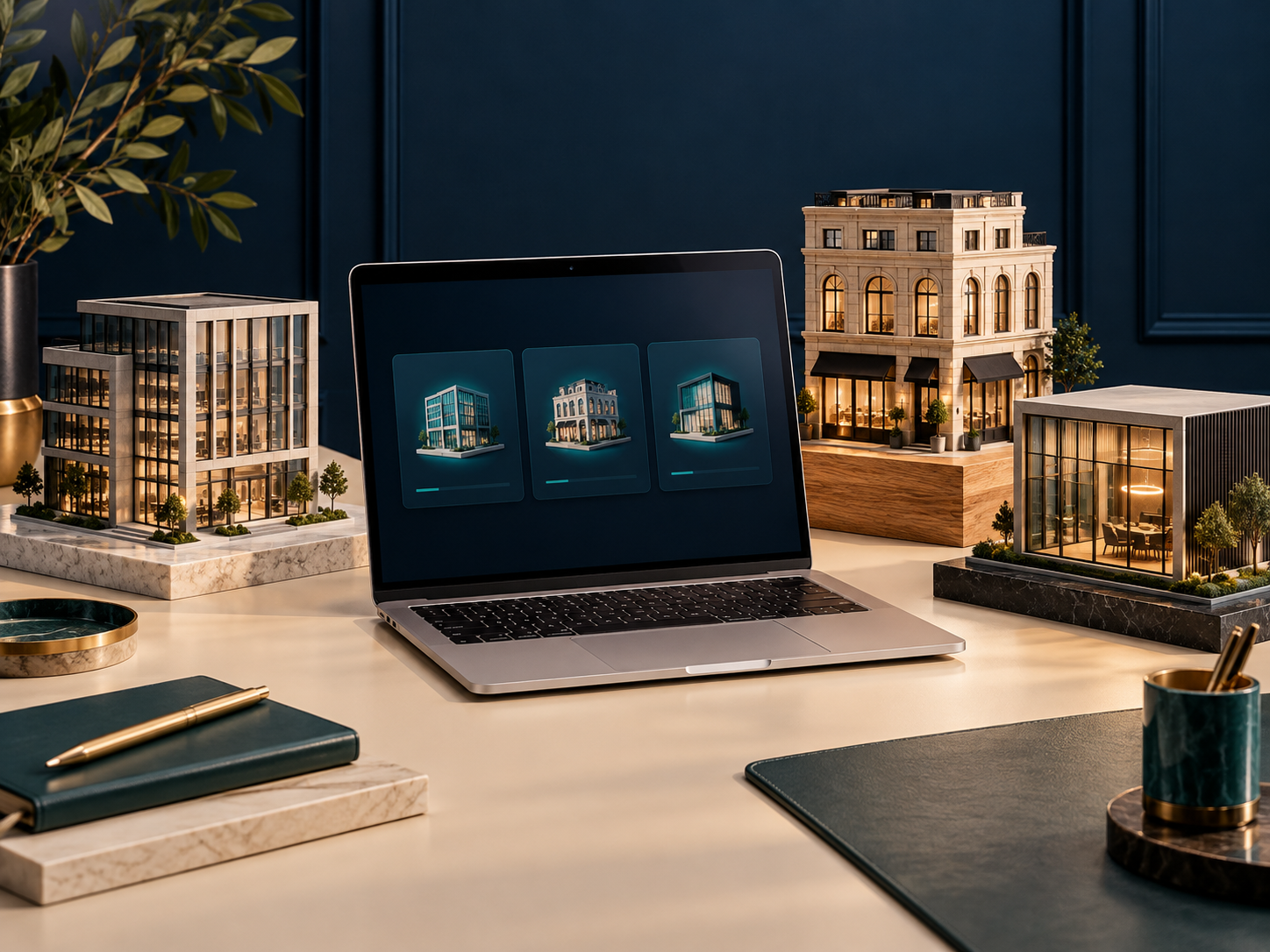 Modelos de edificios junto a una computadora